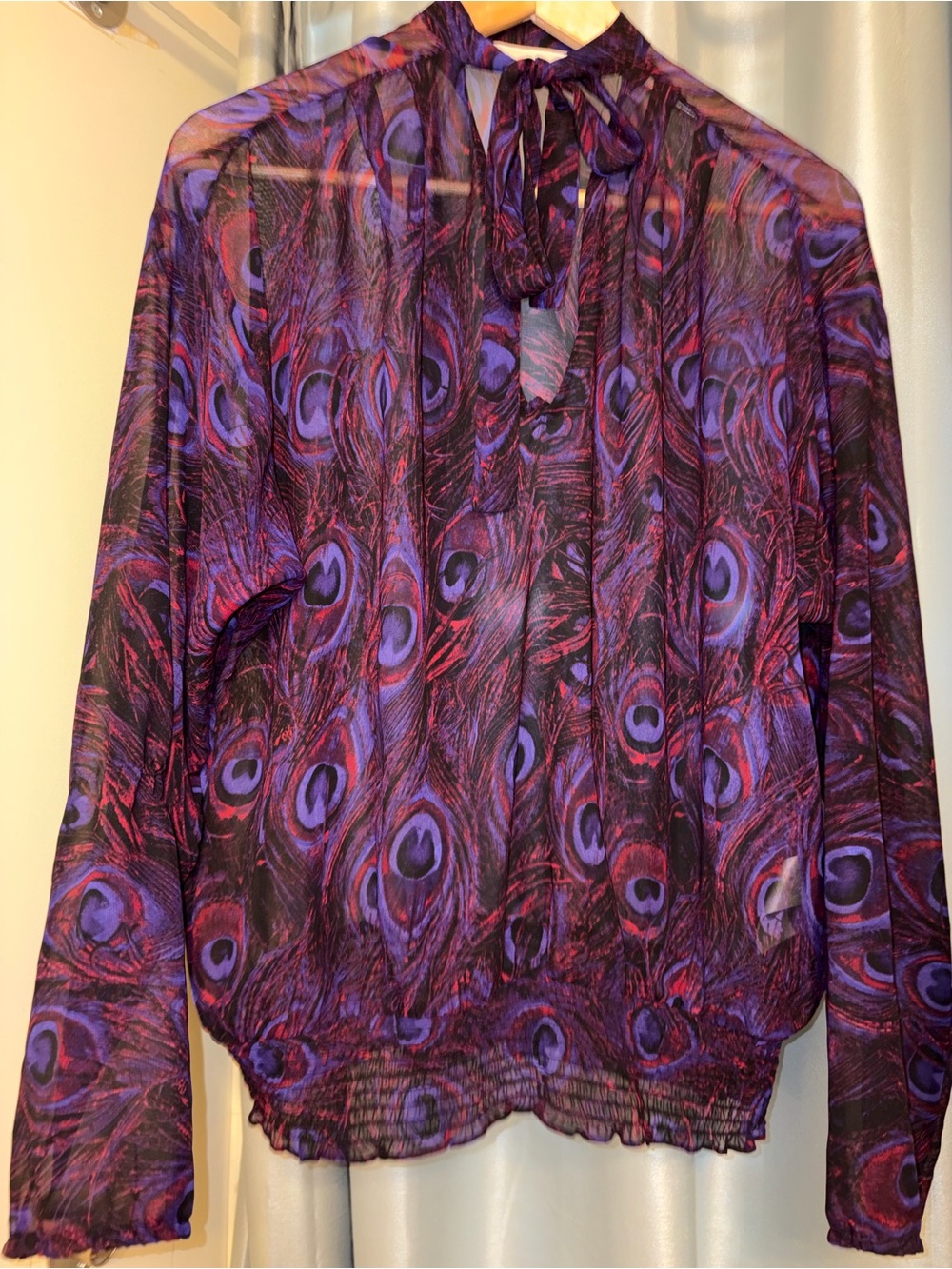 Sheer Peacock-Print Tie-Neck Blouse in Purple